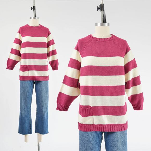 Vintage 80s Striped White Raspberry Acrylic Raglan Sleeve Sweater with Pocket - Picture 1 of 8
